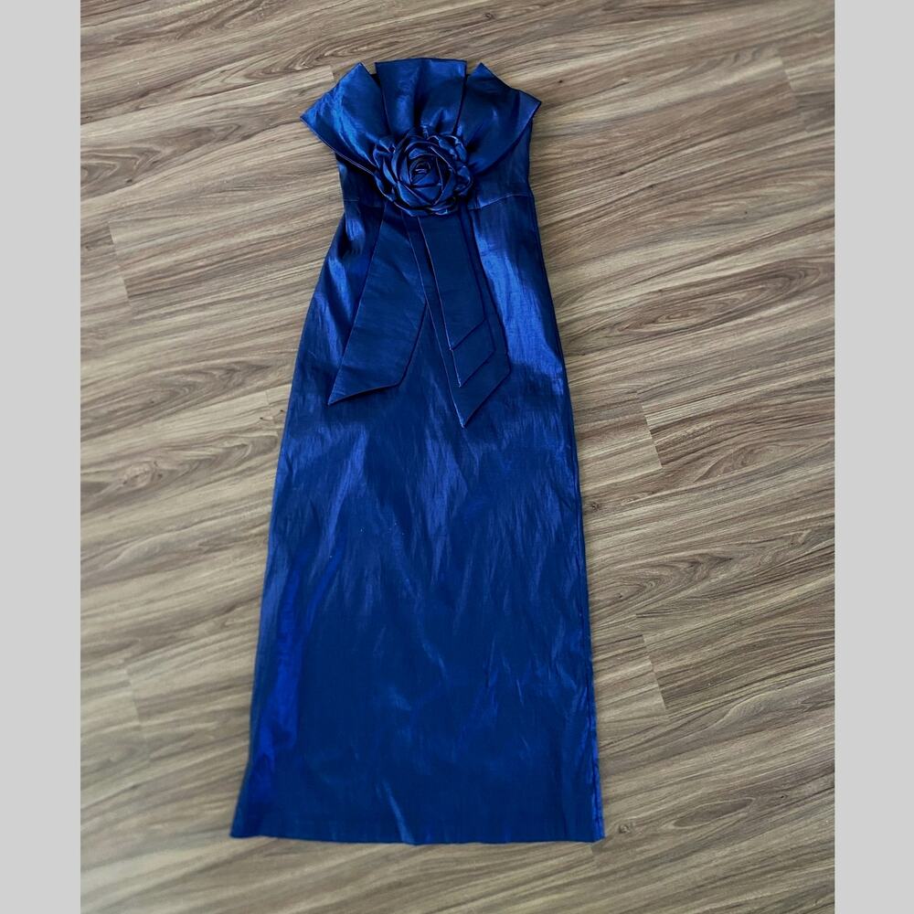 Navy Blue Strapless Rosette Formal Gown Y2K Maxi Dress Wedding Guest Size M